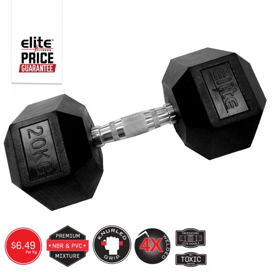 Elite Chrome Handle Rubber Hex Dumbbell, Elite Fitness NZ